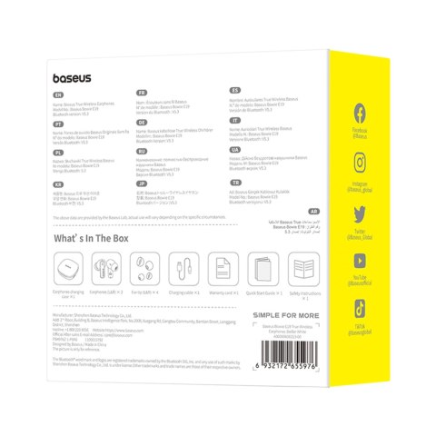 Słuchawki bezprzewodowe Bowie E19 TWS dokanałowe USB-C - białe BASEUS