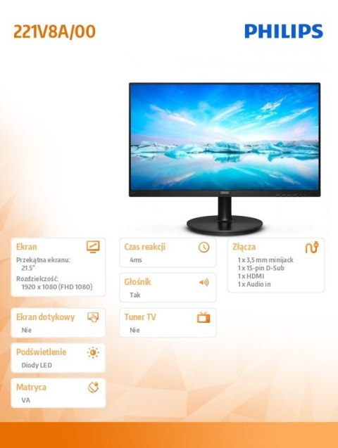 Monitor 21.5 cali 221V8A VA HDMI Głośniki Philips