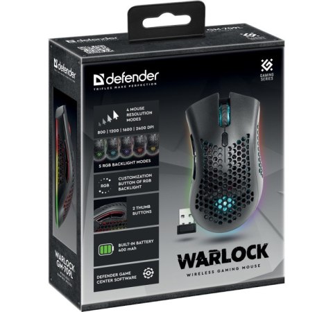 Mysz gamingowa bezprzewodowa Warlock GM-709L Optic RF RGB 2400 dpi 8P Defender