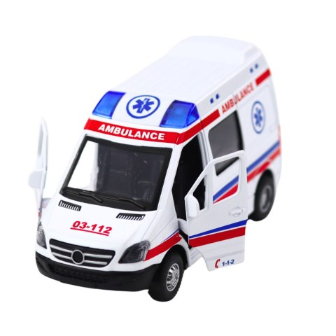 Karetka Ambulans Metalowy Z Napędem Pull Back Światła Dźwięki Biały 1:32 LEAN Toys