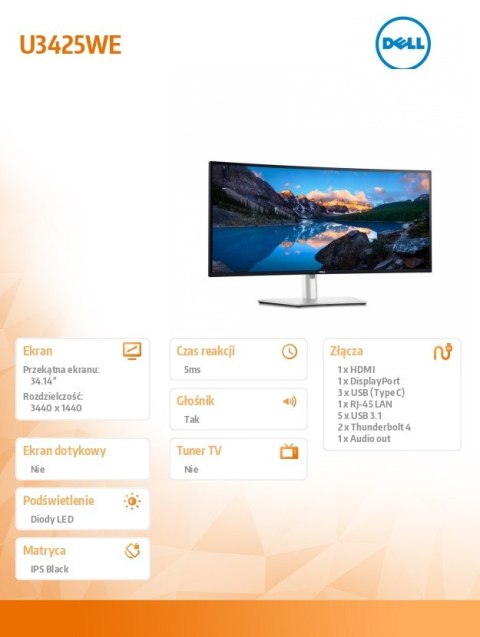 Monitor U3425WE 34.14 cala IPS Black/Curved/120Hz/WQHD/3440x1440/21:9/HDMI/DP/Thunderbolt/USB-C/USB/RJ-45/Speakers/3Y AES&PPG Dell