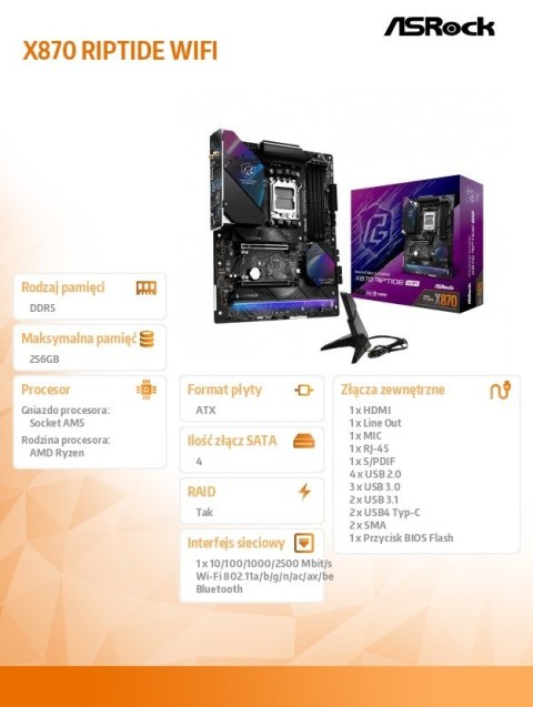 Płyta główna X870 RIPTIDE WIFI 4DDR5 M.2 ATX ASRock