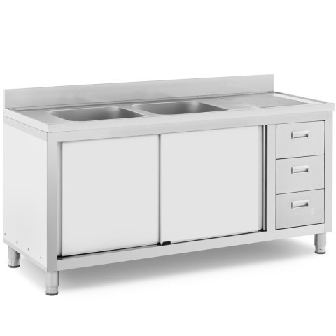 Zlew basen gastronomiczny dwukomorowy z szafką z drzwiami przesuwnymi szufladami stalowy 160 x 60 x 95 cm Royal Catering