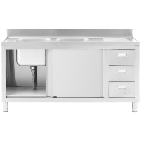 Zlew basen gastronomiczny dwukomorowy z szafką z drzwiami przesuwnymi szufladami stalowy 160 x 60 x 95 cm Royal Catering