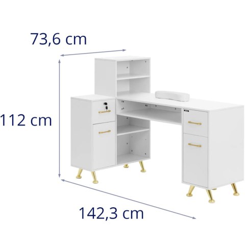 Biurko kosmetyczne do manicure 2 szuflady 2 szafki - biało złote Physa