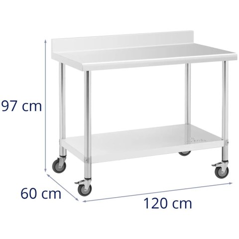 Stół blat roboczy przyścienny z rantem na kółkach 1 półka 120 x 60 cm do 158 kg Royal Catering
