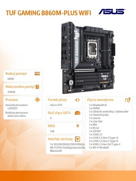 Płyta główna TUF GAMING B860M-PLUS WIFI s1851 4DDR5 USBC mATX Asus
