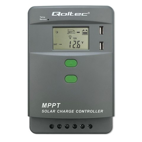 Solarny regulator ładowania MPPT z czujnikiem temperatury 10A | 12V/24V | LCD | 2xUSB | Bluetooth | APP | GEL | LiFePO4 Qoltec