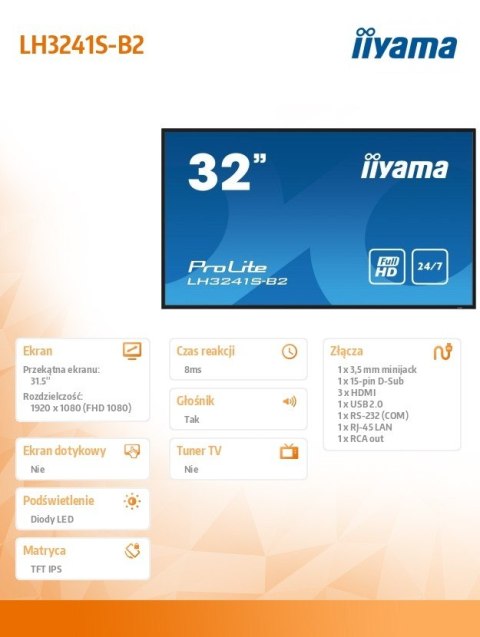 Monitor 32 cale LH3241S-B2 IPS,FHD,HDMI,24/7,RJ45 IIYAMA
