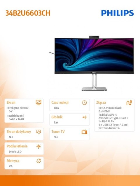 Monitor 34B2U6603CH 34 cale Curved VA HDMIx2 DP HAS Thunderbolt RJ45 Philips