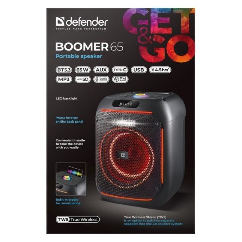 Głośnik bluetooth BOOMER 65W czarny podświetlenie LED Defender
