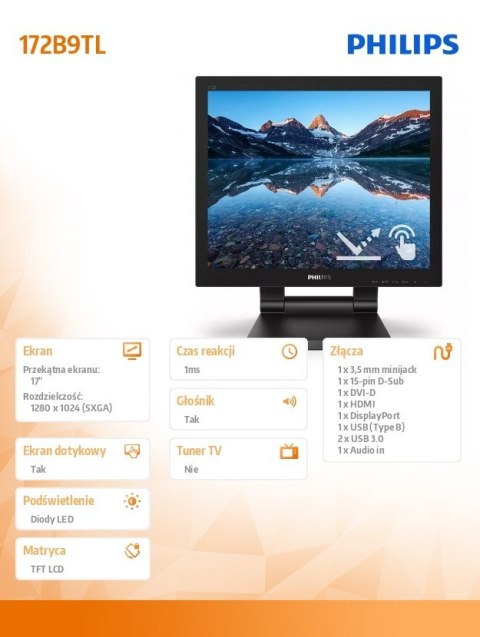 Monitor 17 cali 172B9TL LED Touch DVI HDMI DP Philips
