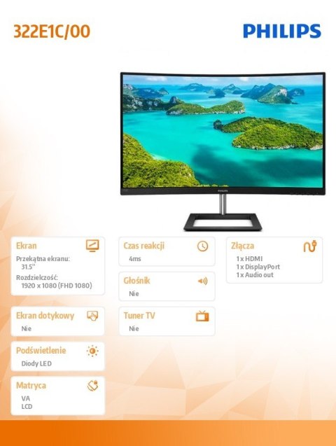 Monitor 322E1C 31.5 cala Curved VA HDMI DP Philips