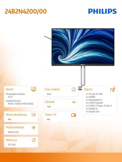 Monitor 24B2N4200 23.8 cala IPS 120Hz HDMI DP VGA Pivot Głośniki Philips