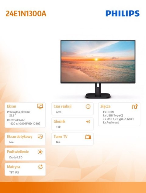 Monitor 24E1N1300A 23.8 cala IPS 100Hz HDMI USB-C Głośniki Philips