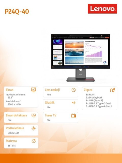 Monitor ThinkVision P24Q-40 23.8 cala 64B2GAT1EU Lenovo