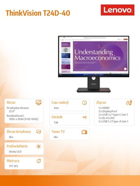 Monitor ThinkVision T24D-40 23.8 cala 64B9GAT1EU Lenovo