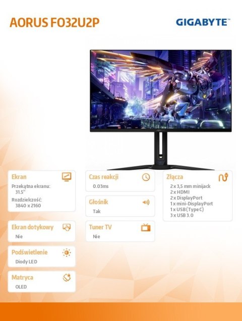 Monitor 31.5 cala FO32U2P OLED 0,03MS UHD 240HZ 4K Gigabyte
