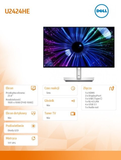 Monitor U2424HE 23.8 cala IPS LED FHD(1920x1080)/16:9/HDMI/DP/USB-C/USB/RJ-45/3Y Dell