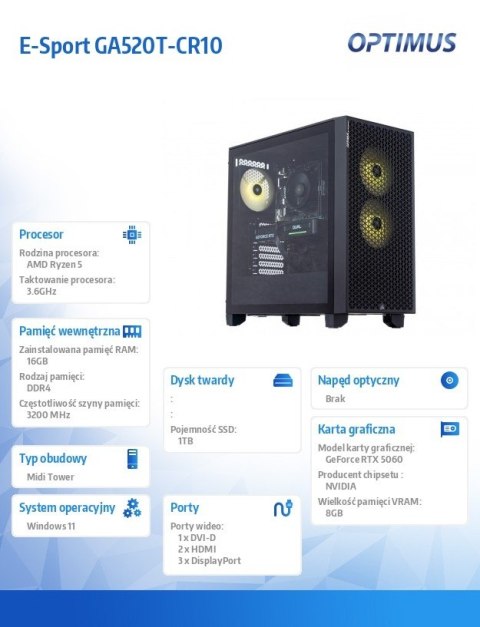 Komputer E-Sport GA520T-CR10 Ryzen 4500/16GB/1TB/RTX 5060 8GB/W11 OPTIMUS