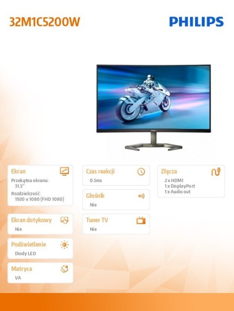 Monitor 32M1C5200W VA Curved 31.5 cala 240Hz HDMIx2 DP HAS Philips