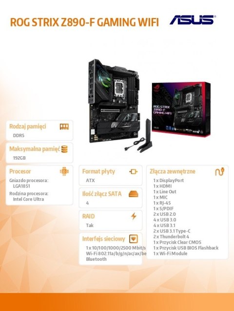 Płyta główna ROG STRIX Z890-F GAMING WIFI s1851 4DDR5 TB4 ATX/90MB1I40-M0EAY0 Asus
