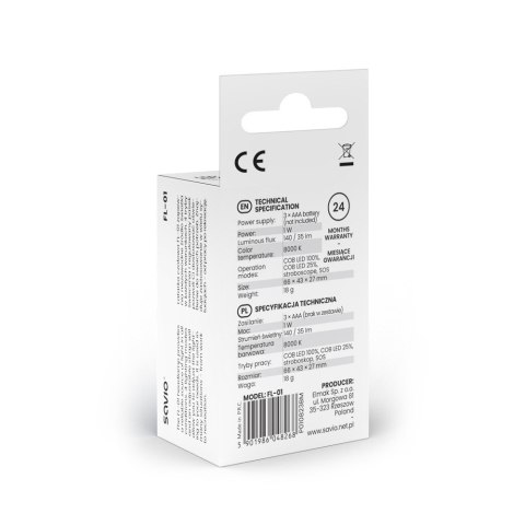 Latarka czołowa LED, COB, 140 lm, zasięg 10m, 4 tryby, FL-01 Savio