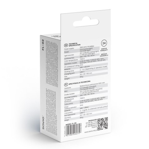 Latarka czołowa LED z czujnikiem ruchu, USB-C, 350 lm, zasięg 80m, FL-02 Savio