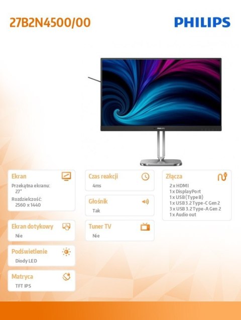 Monitor 27B2N4500 27 cali IPS 120Hz HDMIx2 DP Pivot Głośniki Philips