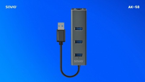 Hub AK-58 3-portowy USB-A 3.1 Gen 1 z adapterem RJ-45 Gigabit Ethernet Savio
