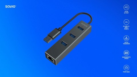 Hub AK-58 3-portowy USB-A 3.1 Gen 1 z adapterem RJ-45 Gigabit Ethernet Savio