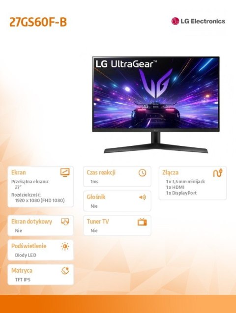 Monitor 27GS60F-B 27 cali FHD UltraGear IPS 180Hz 1ms LG Electronics