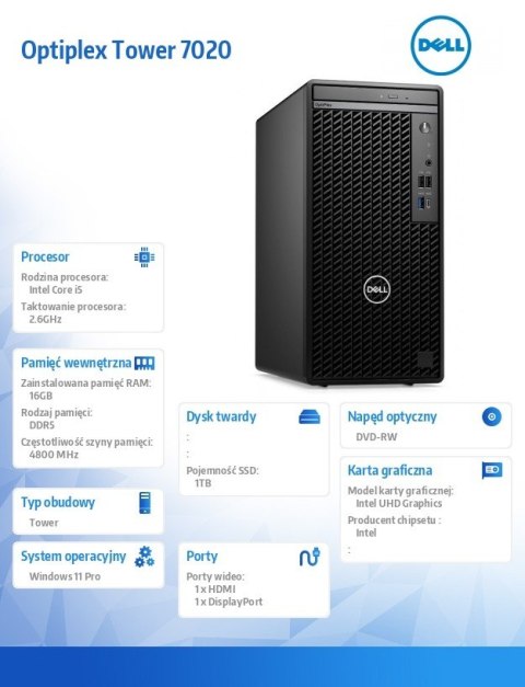 Komputer OptiPlex Tower 7020 W11Pro i5-14500 vPro/16GB/1TB/Int/DVD RW/Wireless Kb & Mouse/300W/3YPS Dell
