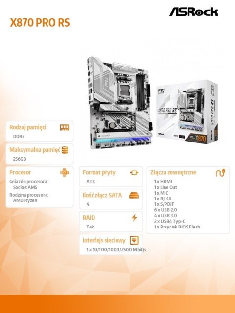 Płyta główna X870 PRO RS AM5 4DDR5 M.2 ATX ASRock