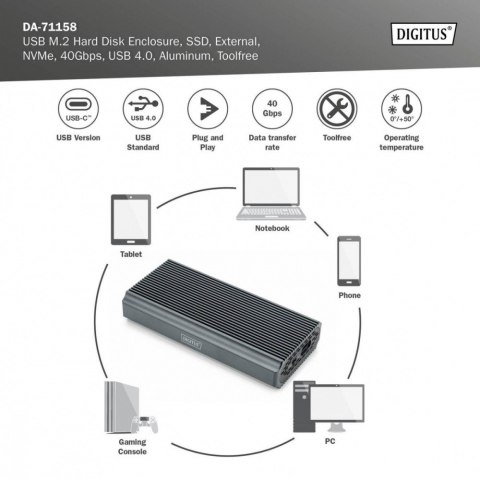 Obudowa USB 4.0 Typ C na dysk SSD M.2 NVMe 40 Gbps aluminiowa, beznarzędziowa Digitus