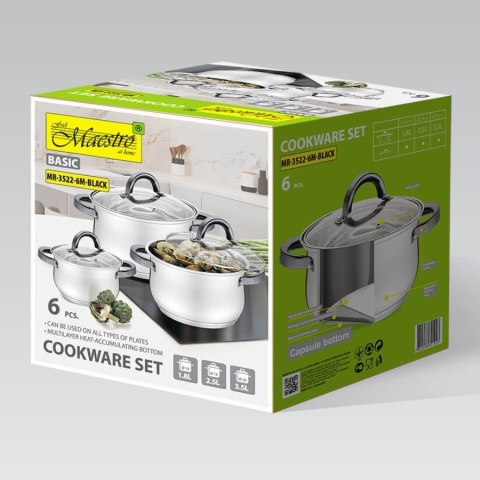 Komplet garnków z czarnymi uchwytami 6 elementów MR-3522-6M-BLACK Feel-Maestro