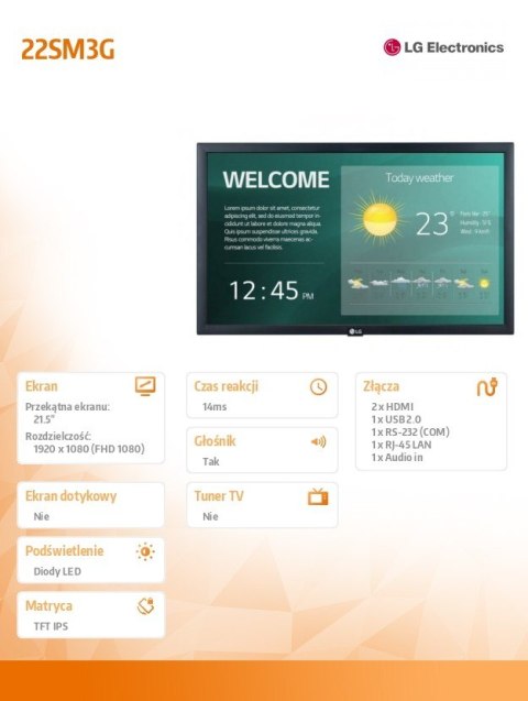 Monitor 22 cale 22SM3G 250cd/m2 16/7 LG Electronics