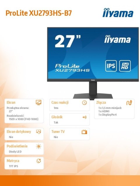 Monitor 27 cali XU2793HS-B7,IPS,HDMI,DP,ACR,2x2W,300cd IIYAMA