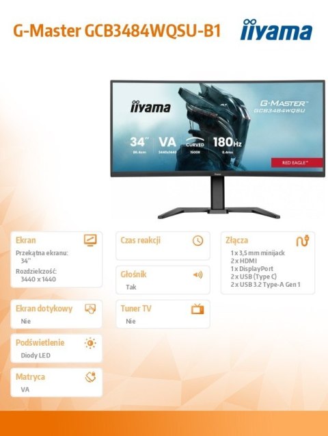 Monitor G-Master 34 cale GCB3484WQSU-B1,VA,UWQHD,180Hz, HDR400, 1500R, 21:9, 0.4ms, 500cd/m2, 2x5W, USB-c, PiP IIYAMA