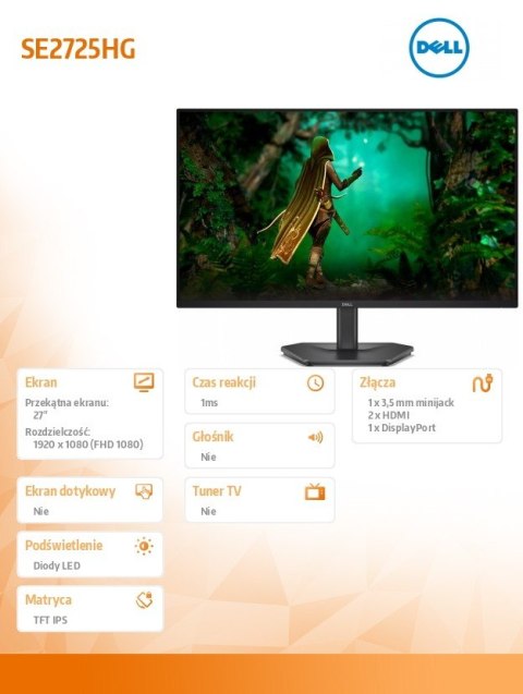 Monitor SE2725HG 27 cali AMD FreeSync Premium 200Hz Full HD (1920x1080)/16:9/2xHDMI/DP/3Y AES&PPE Dell