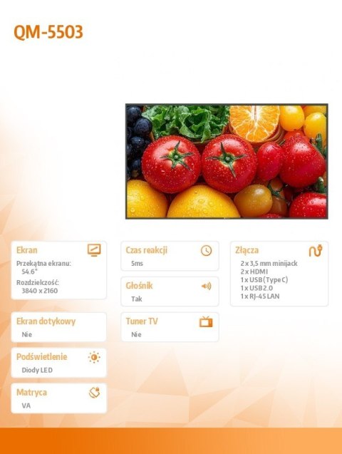 Monitor wielkoformatowy QM-5503 CZARNY 500cd/m2 5000:1 24/7 4K AG NEOVO