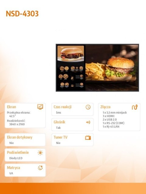 Monitor 43 cale NSD-4303 VA 3xHDMI 2xUSB2.0 1xRS-232 1xRJ-45LAN 1x3,5MINIJACK GŁOŚNIK AG NEOVO