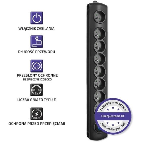 Listwa antyprzepięciowa | 8 gniazd | 3,0m Qoltec