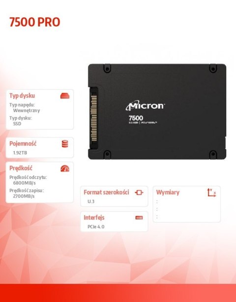 Dysk SSD 7500PRO 1920GB NVMe U.3 15mm Single pack Micron
