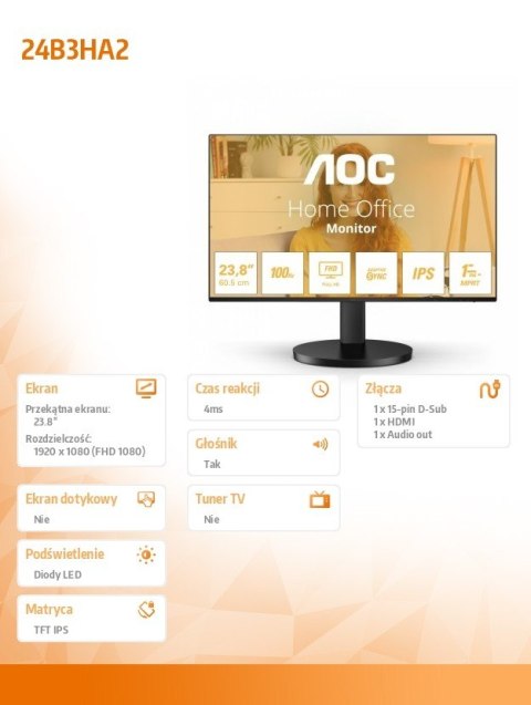 Monitor 24B3HA2 23.8 cala IPS 100Hz HDMI Głośniki AOC