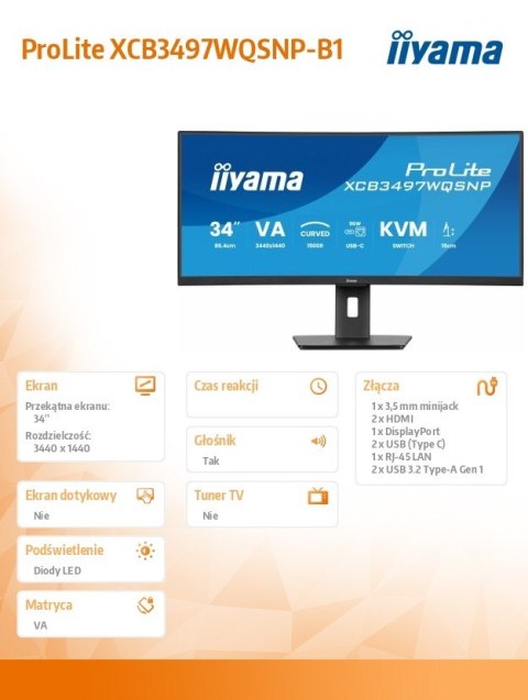 Monitor 34 cali XCB3497WQSNP-B1 VA,UWQHD,1500R,USB-cDock,KVM,95W, 2xHDMI, 1xDP, RJ45,2x5W,21:9 /5y/ IIYAMA