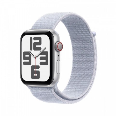 Watch SE GPS + Cellular, koperta 44 mm z aluminium w kolorze srebrnym z opaską sportową w kolorze błękitnego obłoku Apple