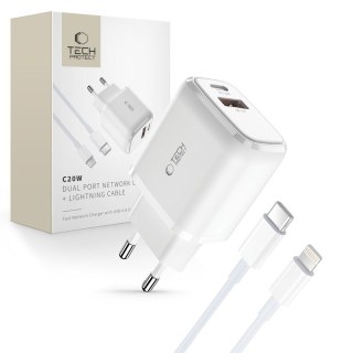 Ładowarka sieciowa USB-C PD 20W / USB-A QC 3.0 z kablem USB-C / iPhone Lightning - biała Tech-Protect