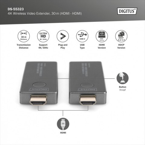 Przedłużacz/Extender HDMI bezprzewodowy 30m UHD 4K30Hz audio (zestaw) Digitus