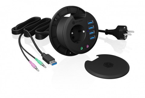 Hub biurkowy IB-HUB1430 80 mm, 4x USB 3.0 Type-A, Audio in /out, kontakt 220V IcyBox